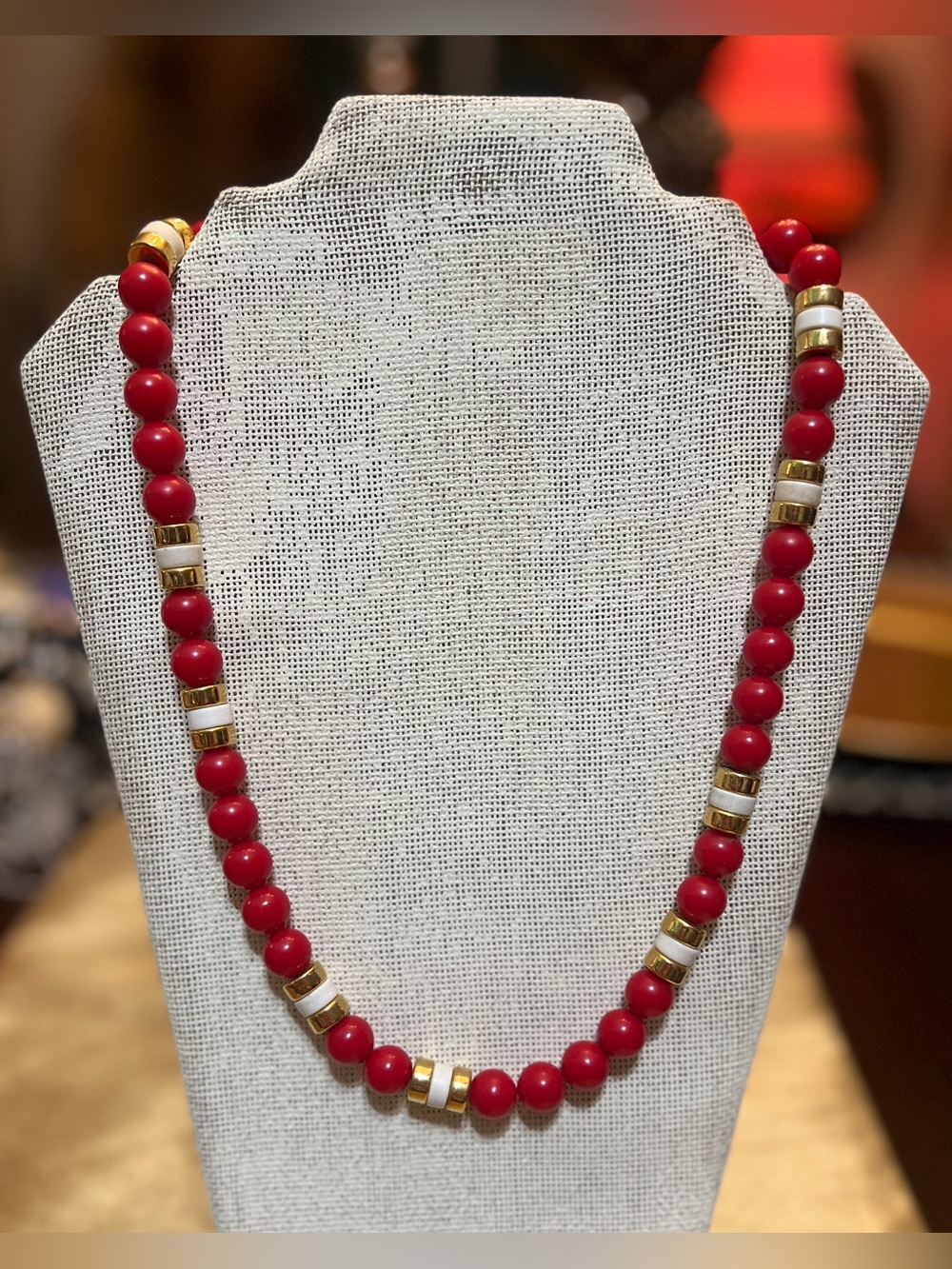 Vintage Napier Red Beaded Necklace with Gold-Tone Spacers